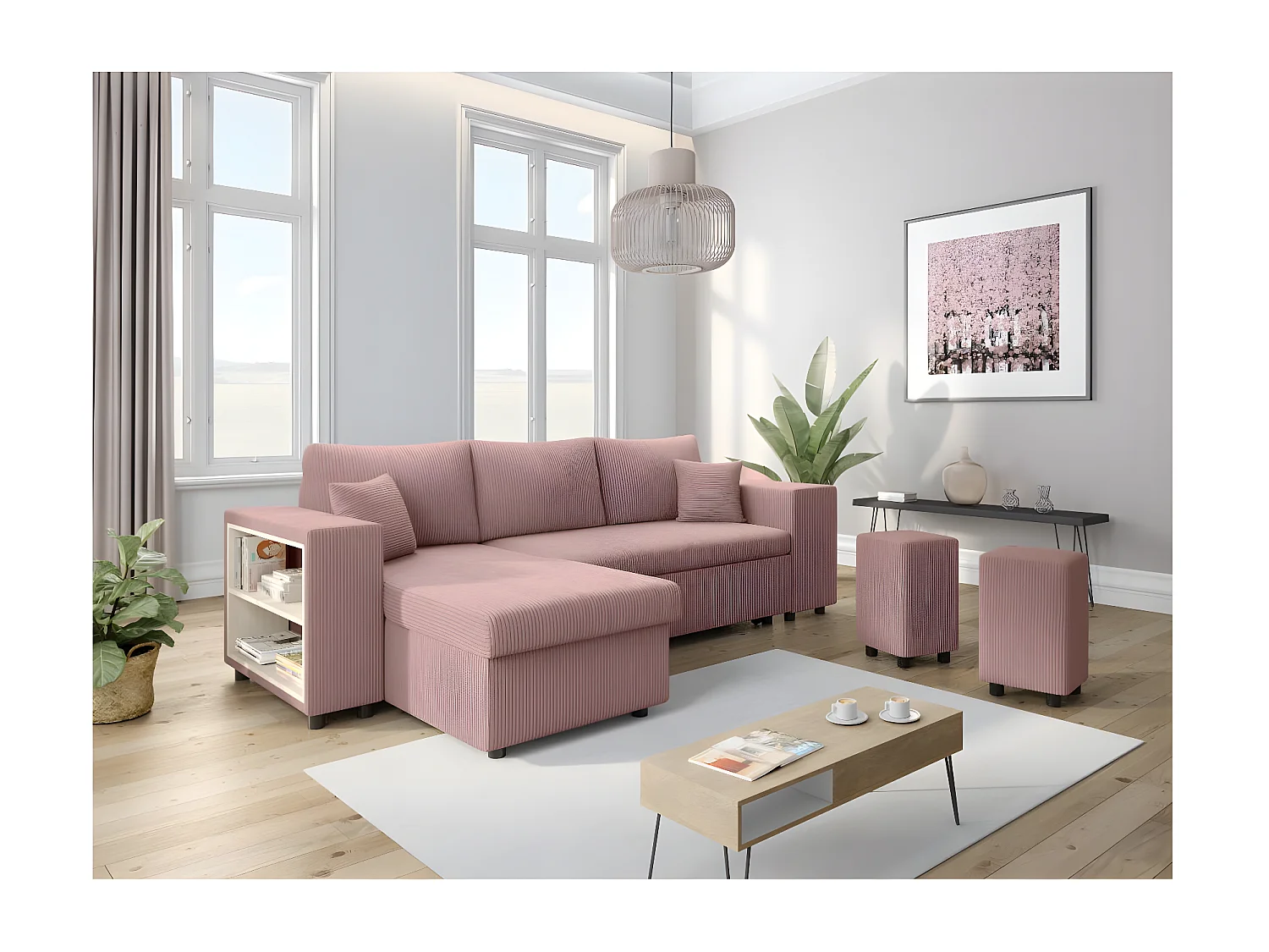 Canapé d'angle réversible Mady avec coffre, rangement poufs à droite en velours côtelé - Rose - L254 x P146 x H81cm - Loungitude