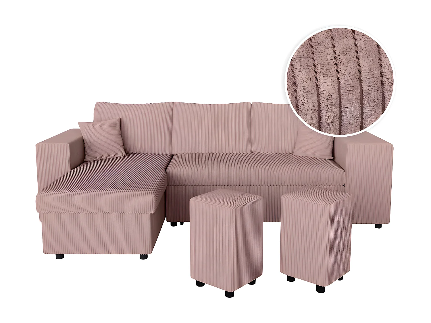 Canapé d'angle réversible Mady avec coffre, rangement poufs à droite en velours côtelé - Rose - L254 x P146 x H81cm - Loungitude