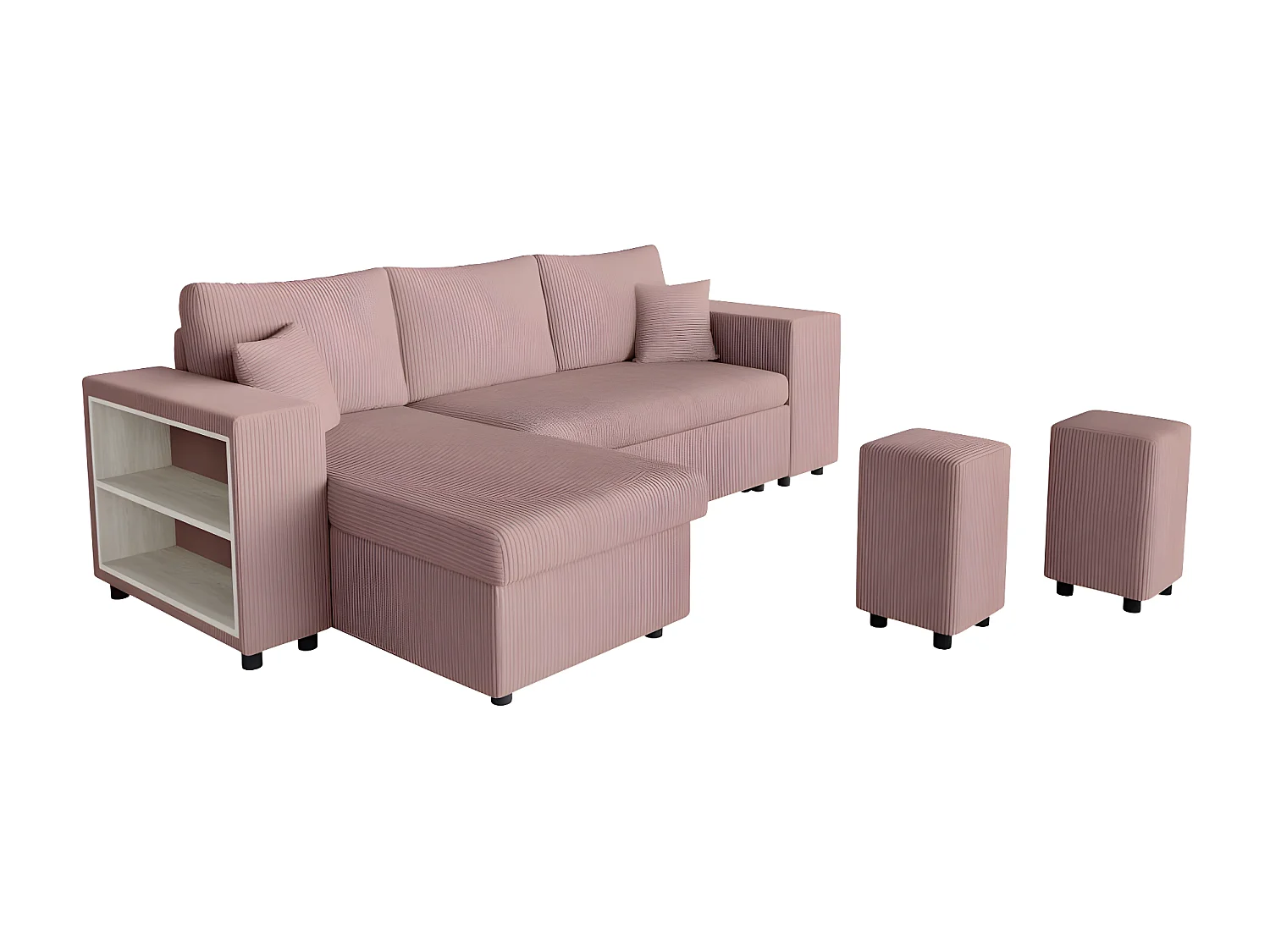 Canapé d'angle réversible Mady avec coffre, rangement poufs à droite en velours côtelé - Rose - L254 x P146 x H81cm - Loungitude