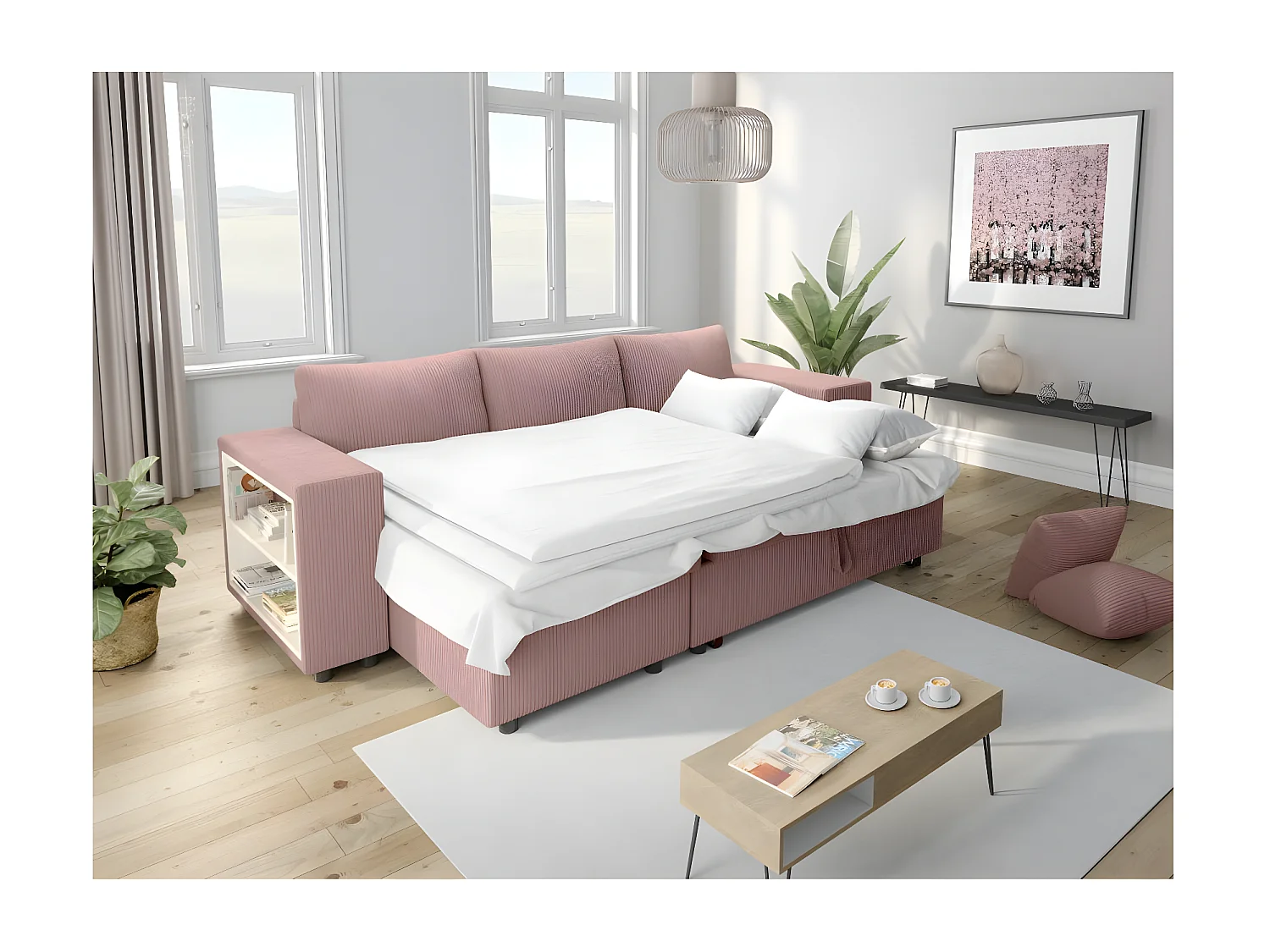 Canapé d'angle réversible Mady avec coffre, rangement poufs à droite en velours côtelé - Rose - L254 x P146 x H81cm - Loungitude