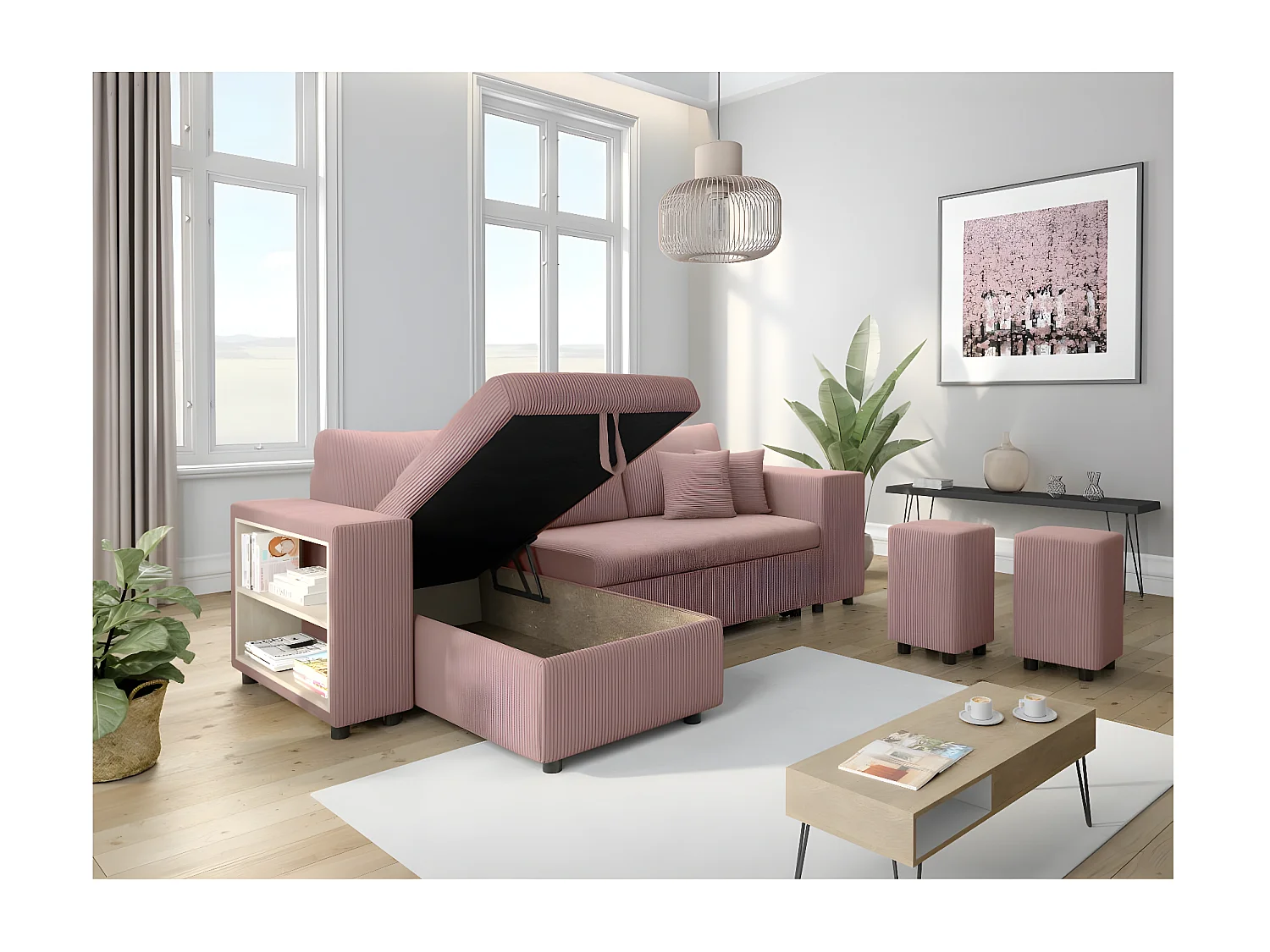 Canapé d'angle réversible Mady avec coffre, rangement poufs à droite en velours côtelé - Rose - L254 x P146 x H81cm - Loungitude
