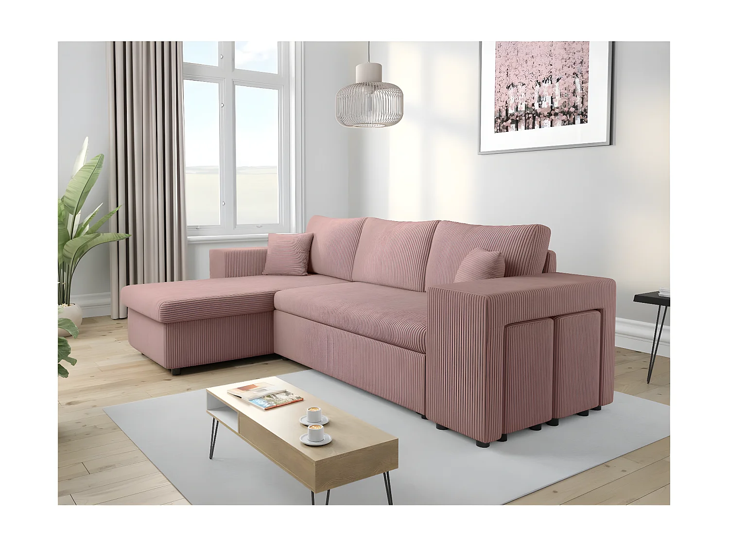 Canapé d'angle réversible Mady avec coffre, rangement poufs à droite en velours côtelé - Rose - L254 x P146 x H81cm - Loungitude