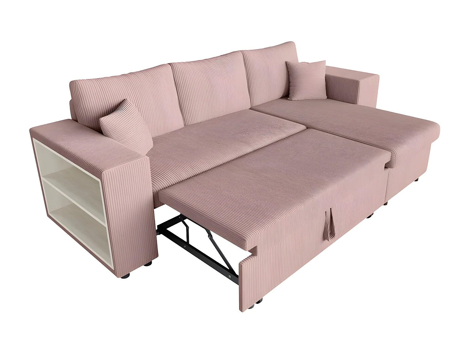 Canapé d'angle réversible Mady avec coffre, rangement poufs à droite en velours côtelé - Rose - L254 x P146 x H81cm - Loungitude