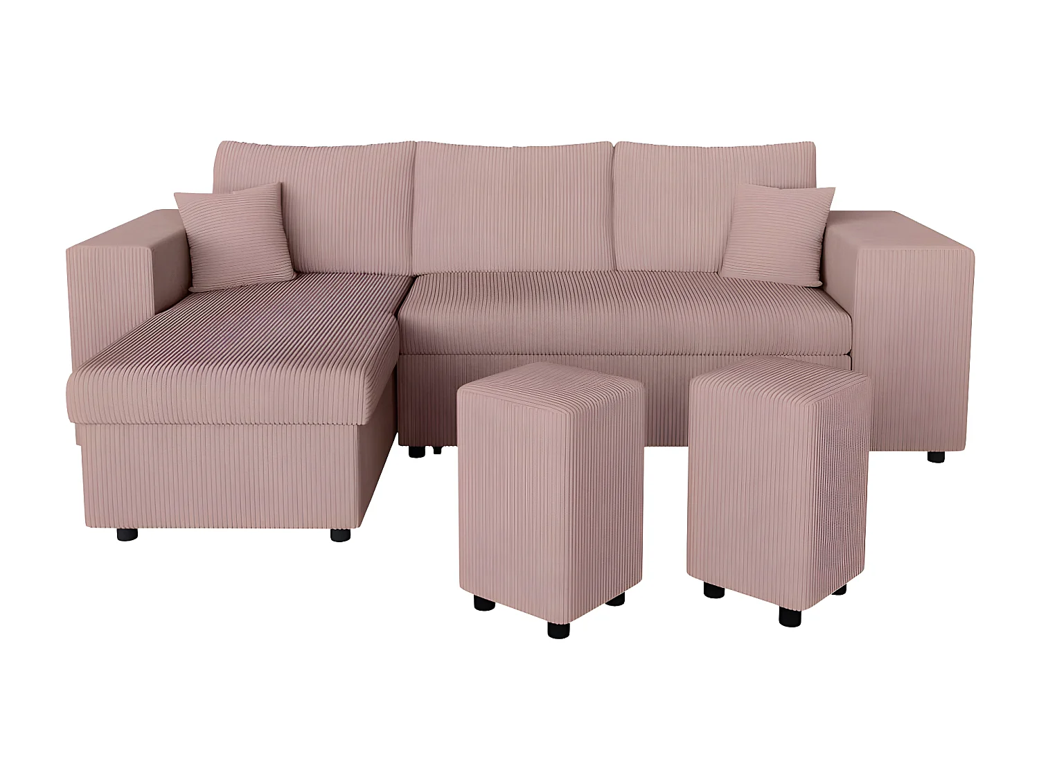 Canapé d'angle réversible Mady avec coffre, rangement poufs à droite en velours côtelé - Rose - L254 x P146 x H81cm - Loungitude