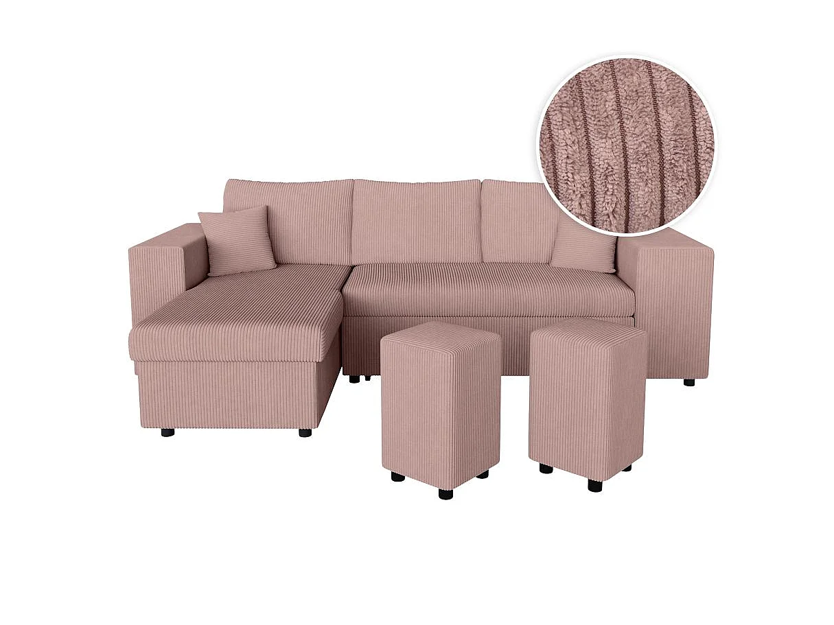 Canapé d'angle convertible 5 places avec pouf en velours côtelé rose