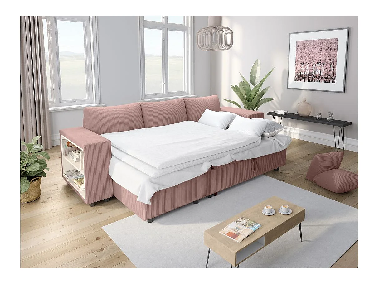 Canapé d'angle convertible 5 places avec pouf en velours côtelé rose