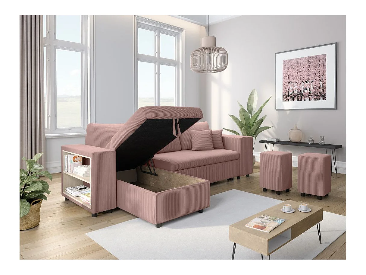 Canapé d'angle convertible 5 places avec pouf en velours côtelé rose
