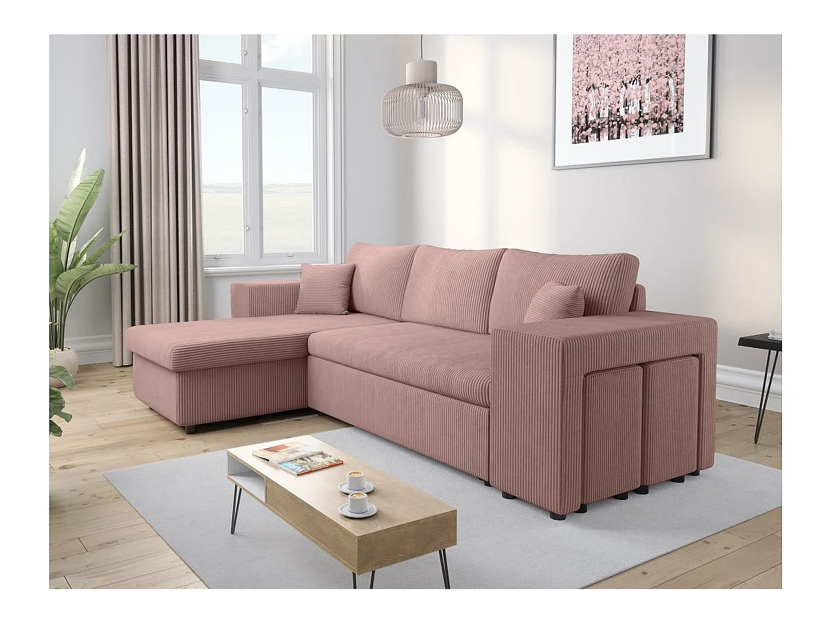 Canapé d'angle convertible 5 places avec pouf en velours côtelé rose