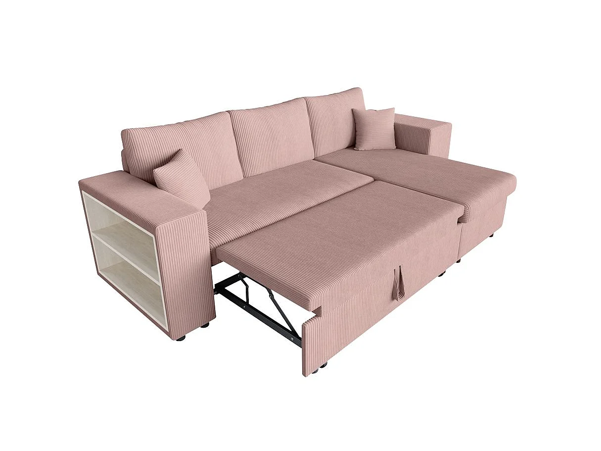 Canapé d'angle convertible 5 places avec pouf en velours côtelé rose
