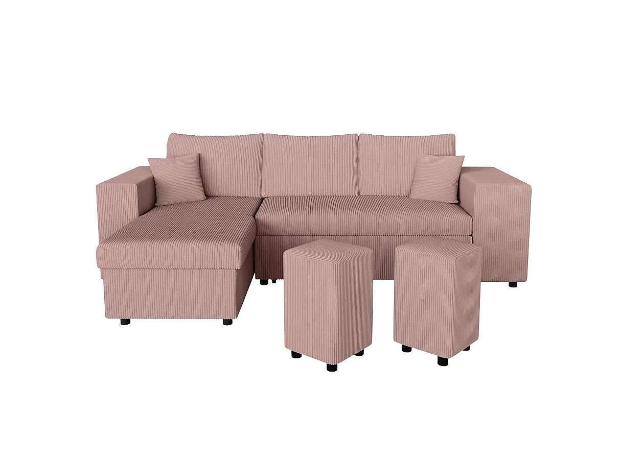 Canapé d'angle convertible 5 places avec pouf en velours côtelé rose