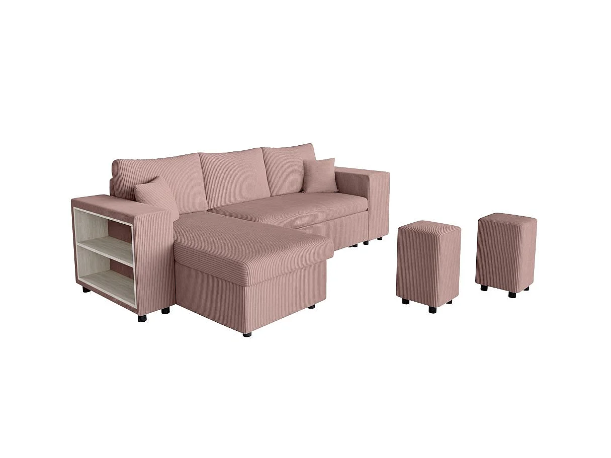 Canapé d'angle convertible 5 places avec pouf en velours côtelé rose