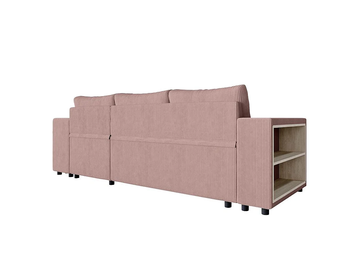 Canapé d'angle convertible 5 places avec pouf en velours côtelé rose