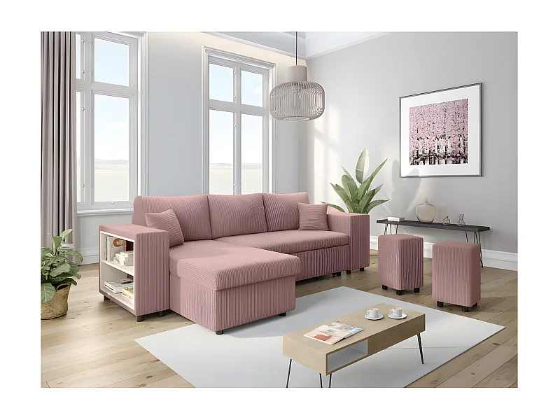 Canapé d'angle réversible Mady avec coffre, rangement poufs à droite en velours côtelé - Rose - L254 x P146 x H81cm - Loungitude