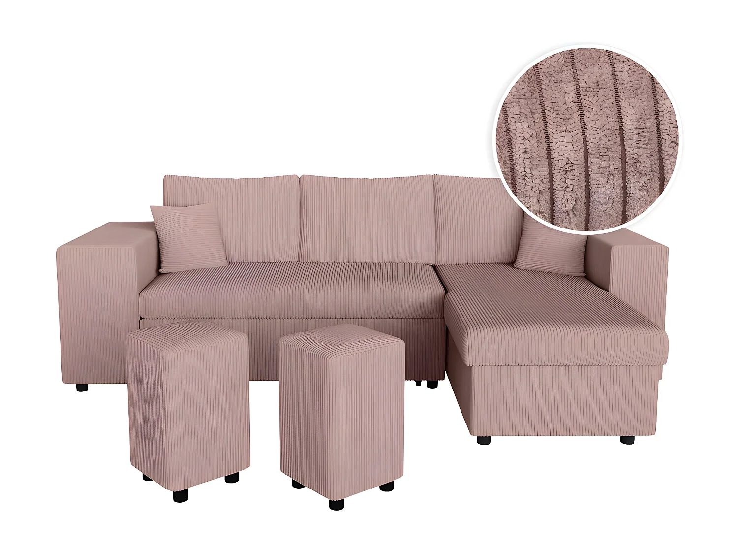 Canapé d'angle réversible Mady avec coffre, rangement poufs à gauche en velours côtelé - Rose - L254 x P146 x H81cm - Loungitude