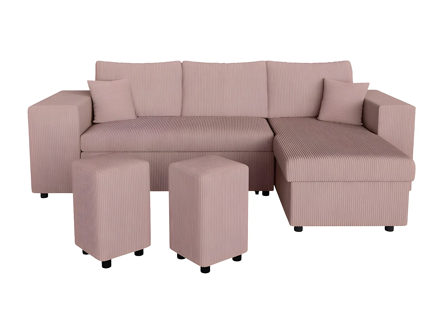 Canapé d'angle réversible Mady avec coffre, rangement poufs à gauche en velours côtelé - Rose - L254 x P146 x H81cm - Loungitude