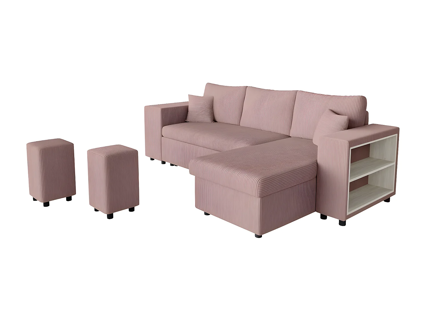 Canapé d'angle réversible Mady avec coffre, rangement poufs à gauche en velours côtelé - Rose - L254 x P146 x H81cm - Loungitude
