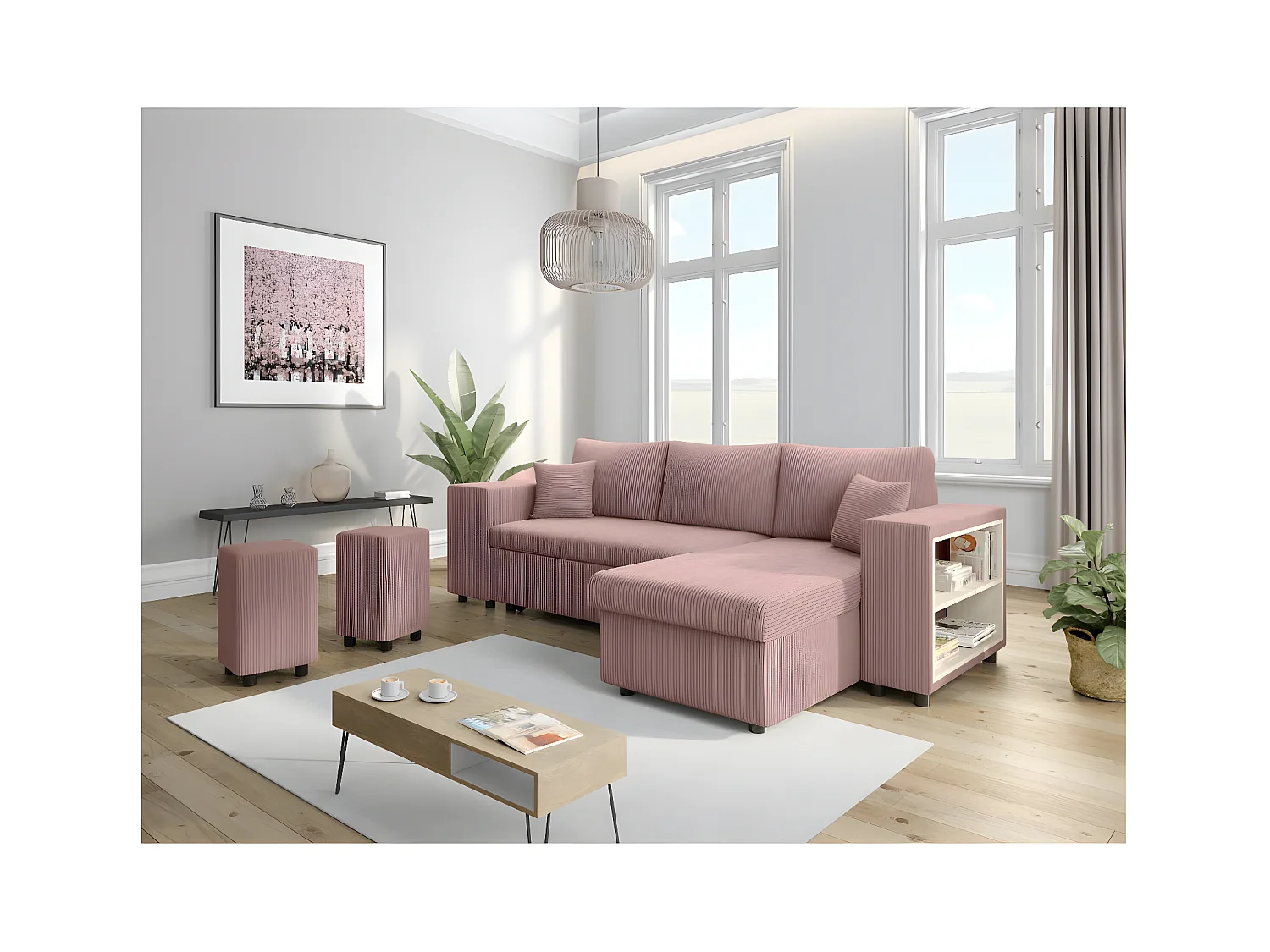 Canapé d'angle réversible Mady avec coffre, rangement poufs à gauche en velours côtelé - Rose - L254 x P146 x H81cm - Loungitude