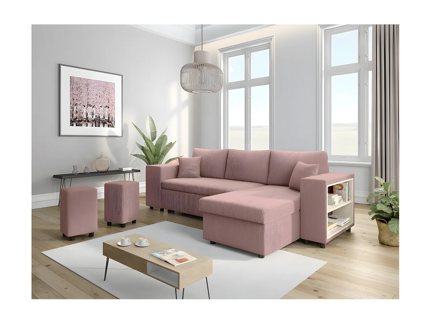 Canapé d'angle réversible Mady avec coffre, rangement poufs à gauche en velours côtelé - Rose - L254 x P146 x H81cm - Loungitude