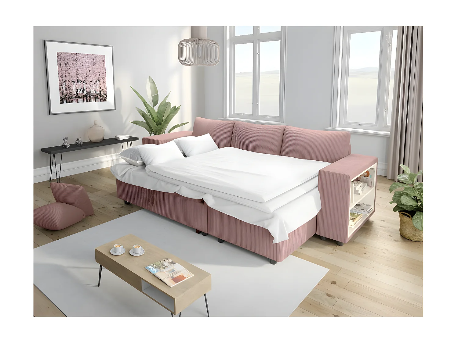 Canapé d'angle réversible Mady avec coffre, rangement poufs à gauche en velours côtelé - Rose - L254 x P146 x H81cm - Loungitude