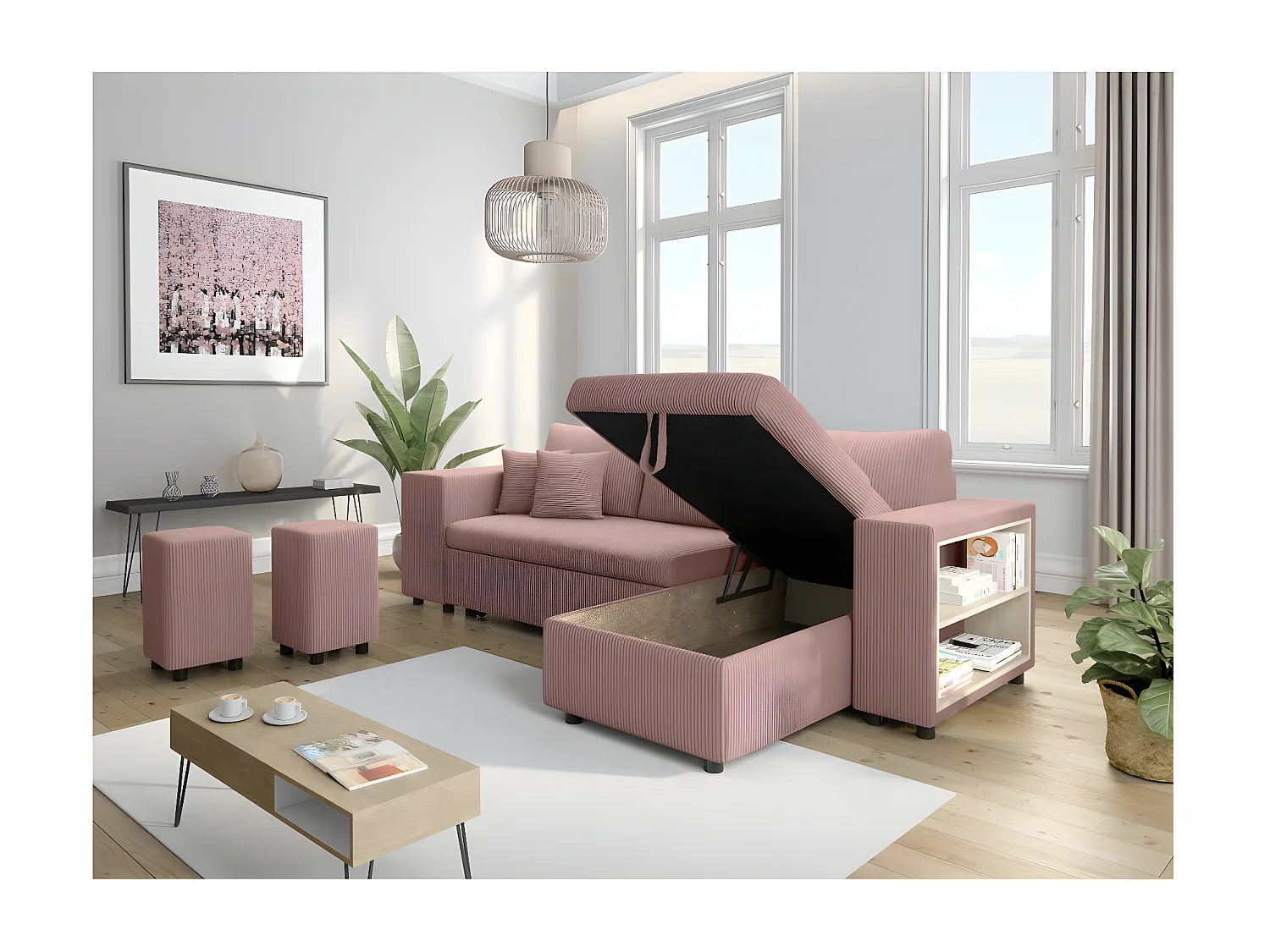 Canapé d'angle réversible Mady avec coffre, rangement poufs à gauche en velours côtelé - Rose - L254 x P146 x H81cm - Loungitude