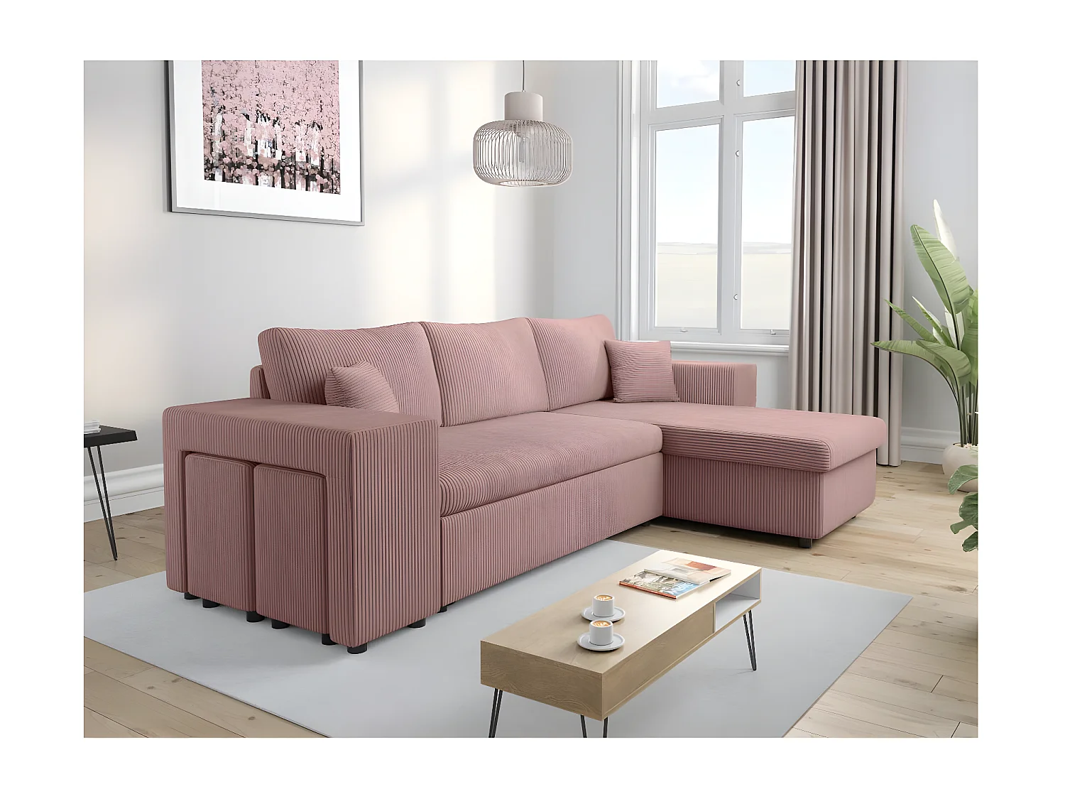 Canapé d'angle réversible Mady avec coffre, rangement poufs à gauche en velours côtelé - Rose - L254 x P146 x H81cm - Loungitude