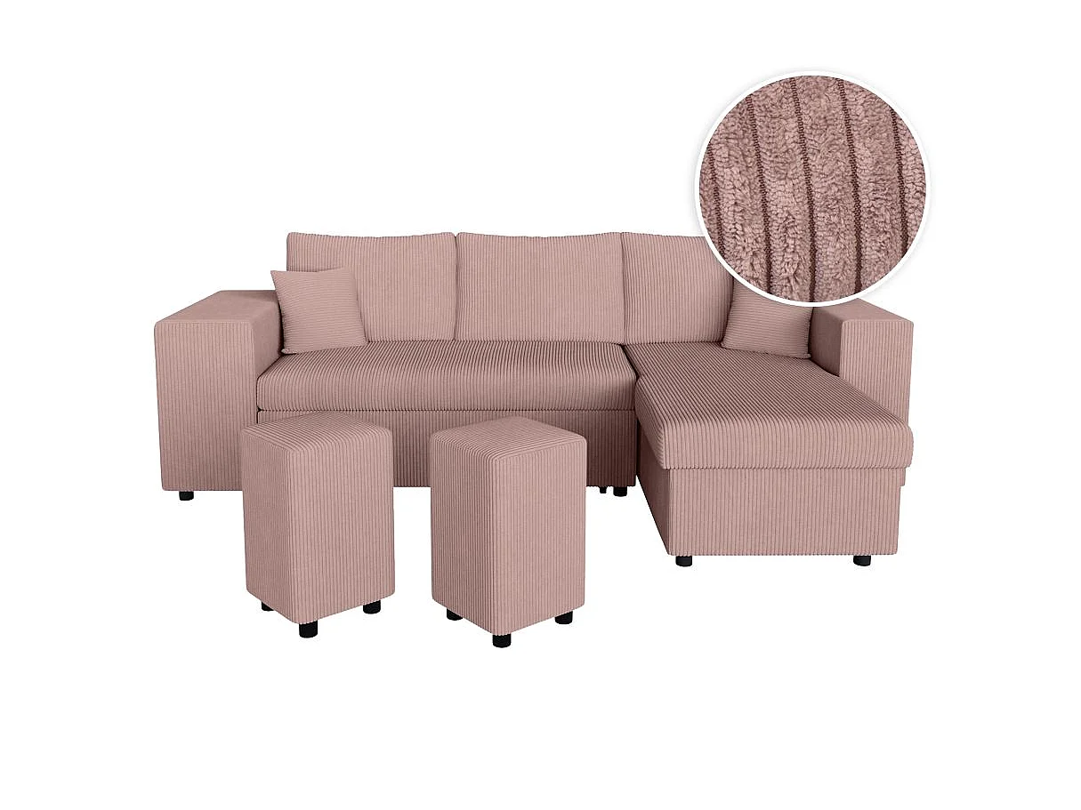 Canapé d'angle convertible 5 places avec pouf en velours côtelé rose