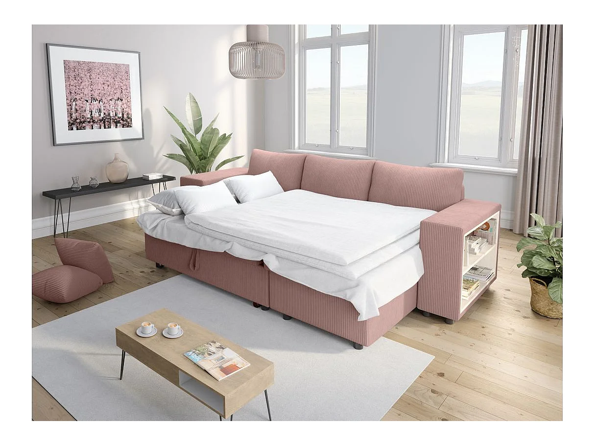 Canapé d'angle convertible 5 places avec pouf en velours côtelé rose