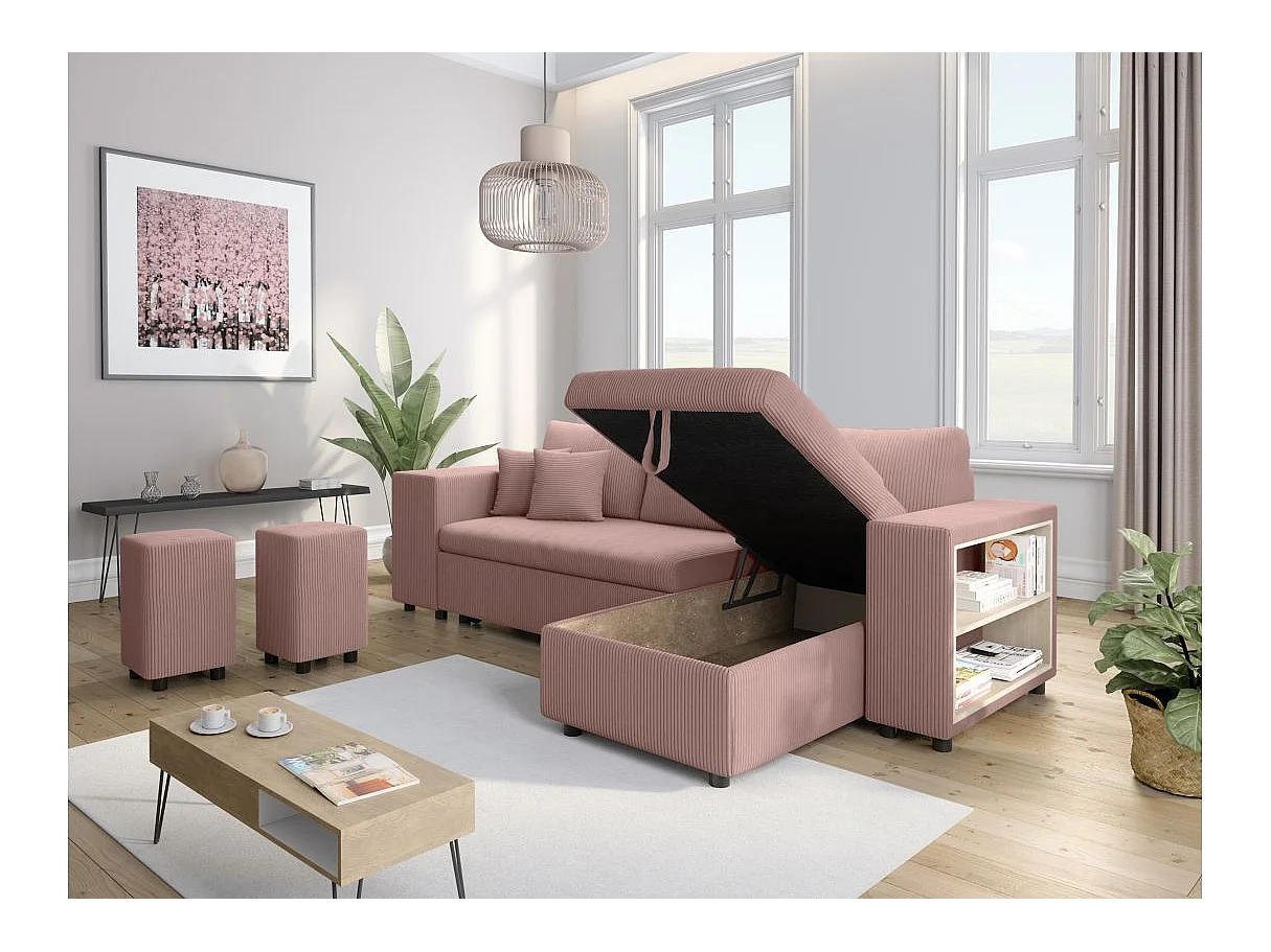 Canapé d'angle convertible 5 places avec pouf en velours côtelé rose