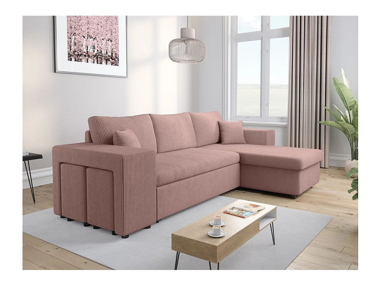 Canapé d'angle convertible 5 places avec pouf en velours côtelé rose