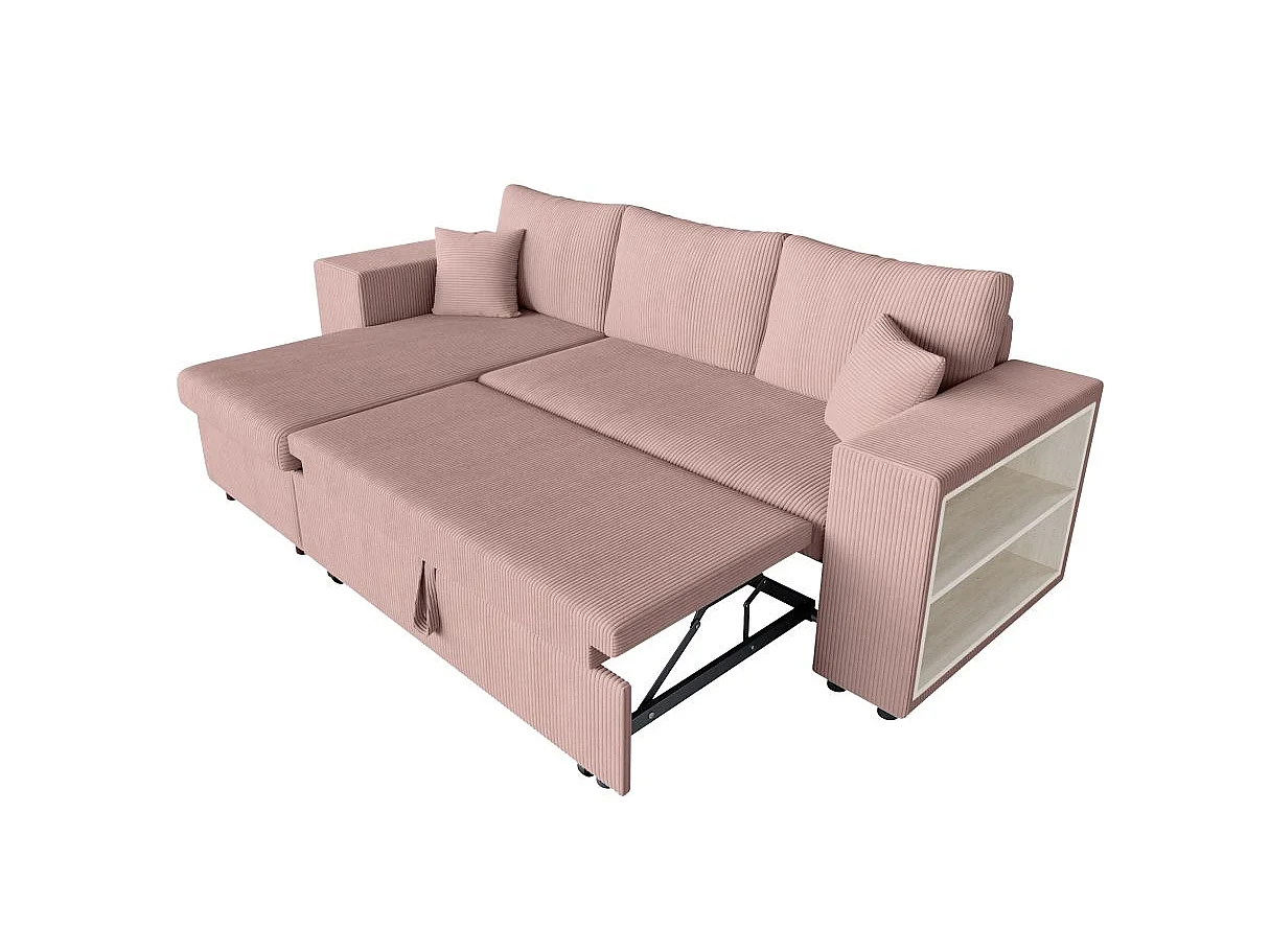 Canapé d'angle convertible 5 places avec pouf en velours côtelé rose