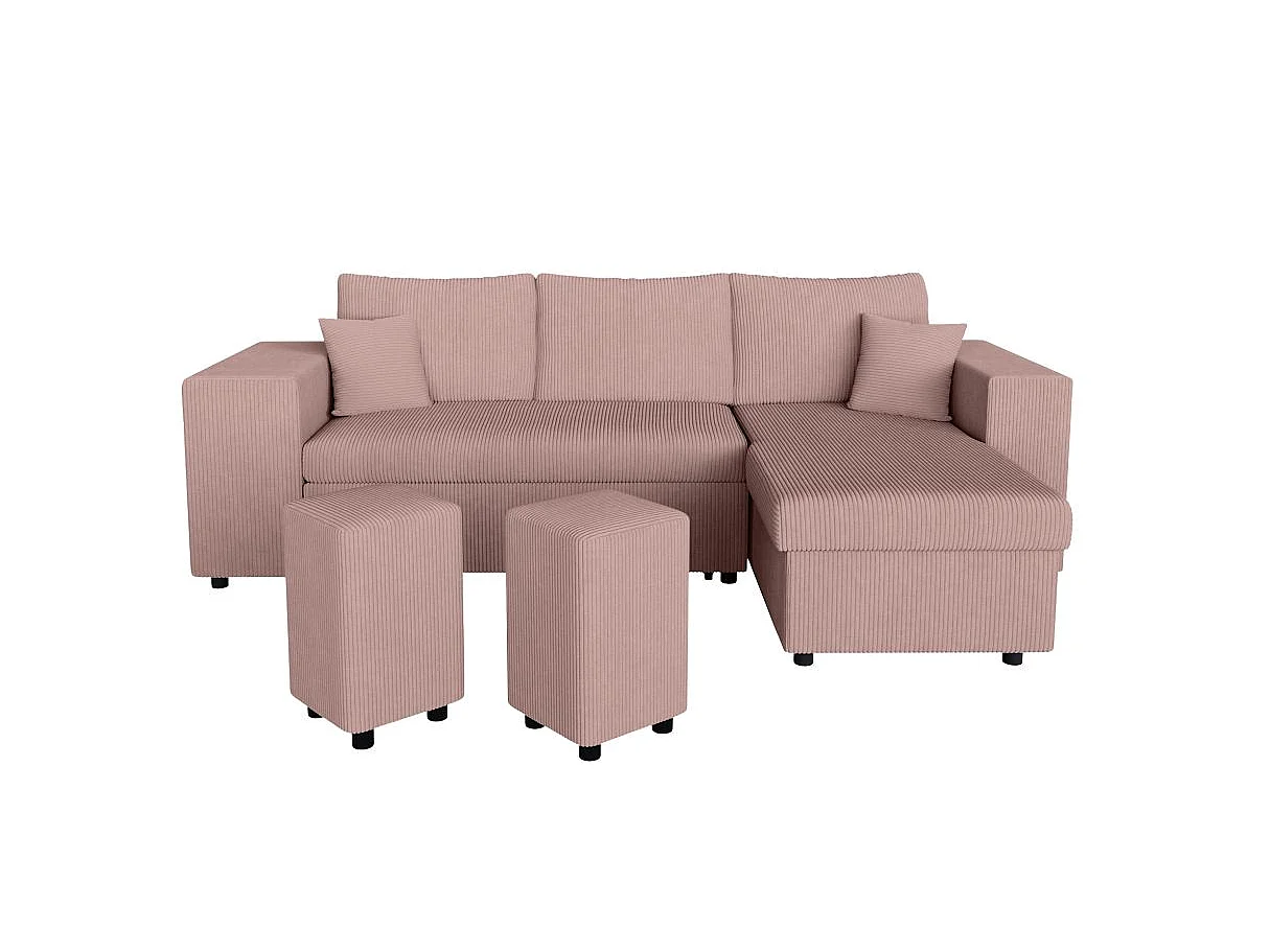 Canapé d'angle convertible 5 places avec pouf en velours côtelé rose