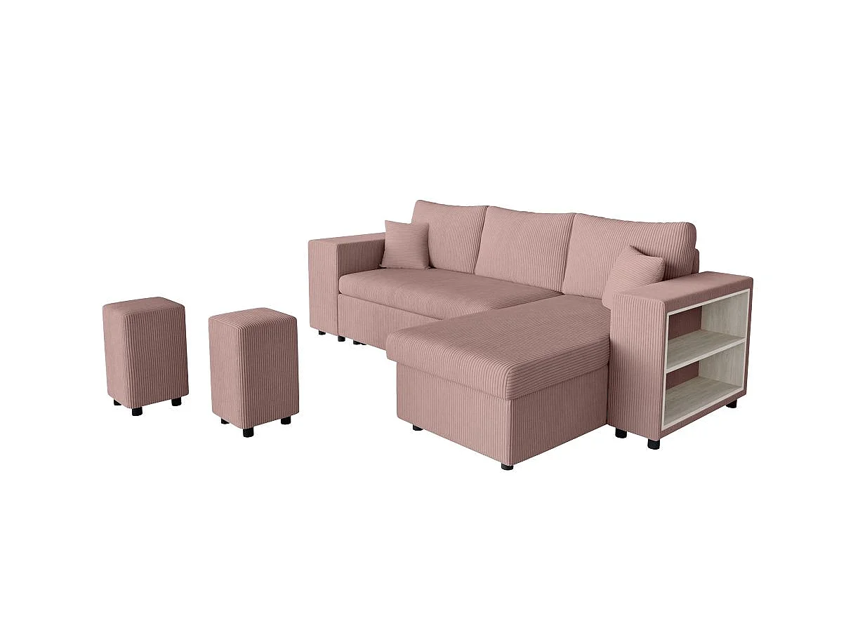 Canapé d'angle convertible 5 places avec pouf en velours côtelé rose