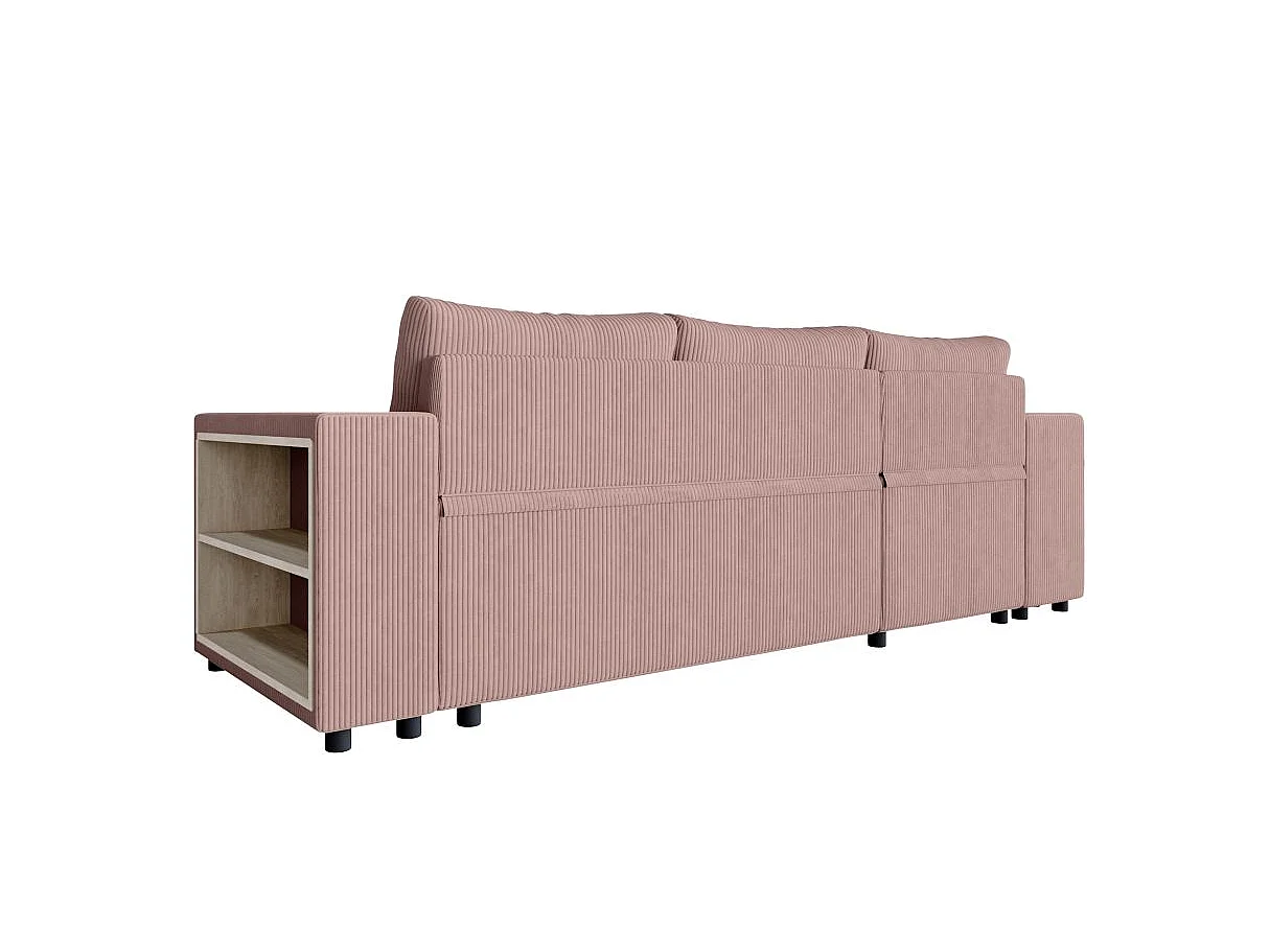 Canapé d'angle convertible 5 places avec pouf en velours côtelé rose