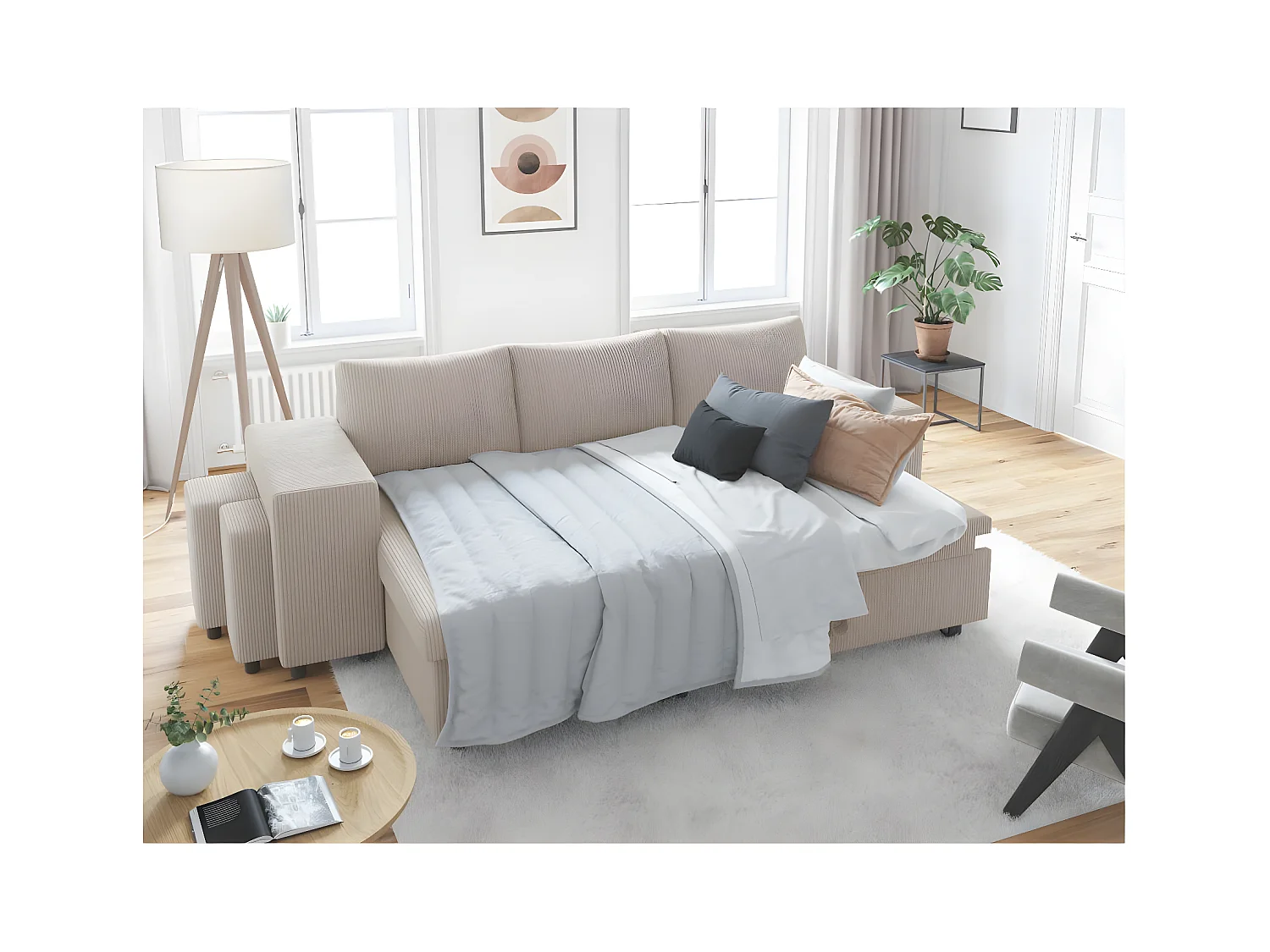 Canapé d'angle réversible convertible Oslo avec coffre, 2 poufs à gauche en velours côtelé beige - L241 x P146 x H81cm - Loungitude