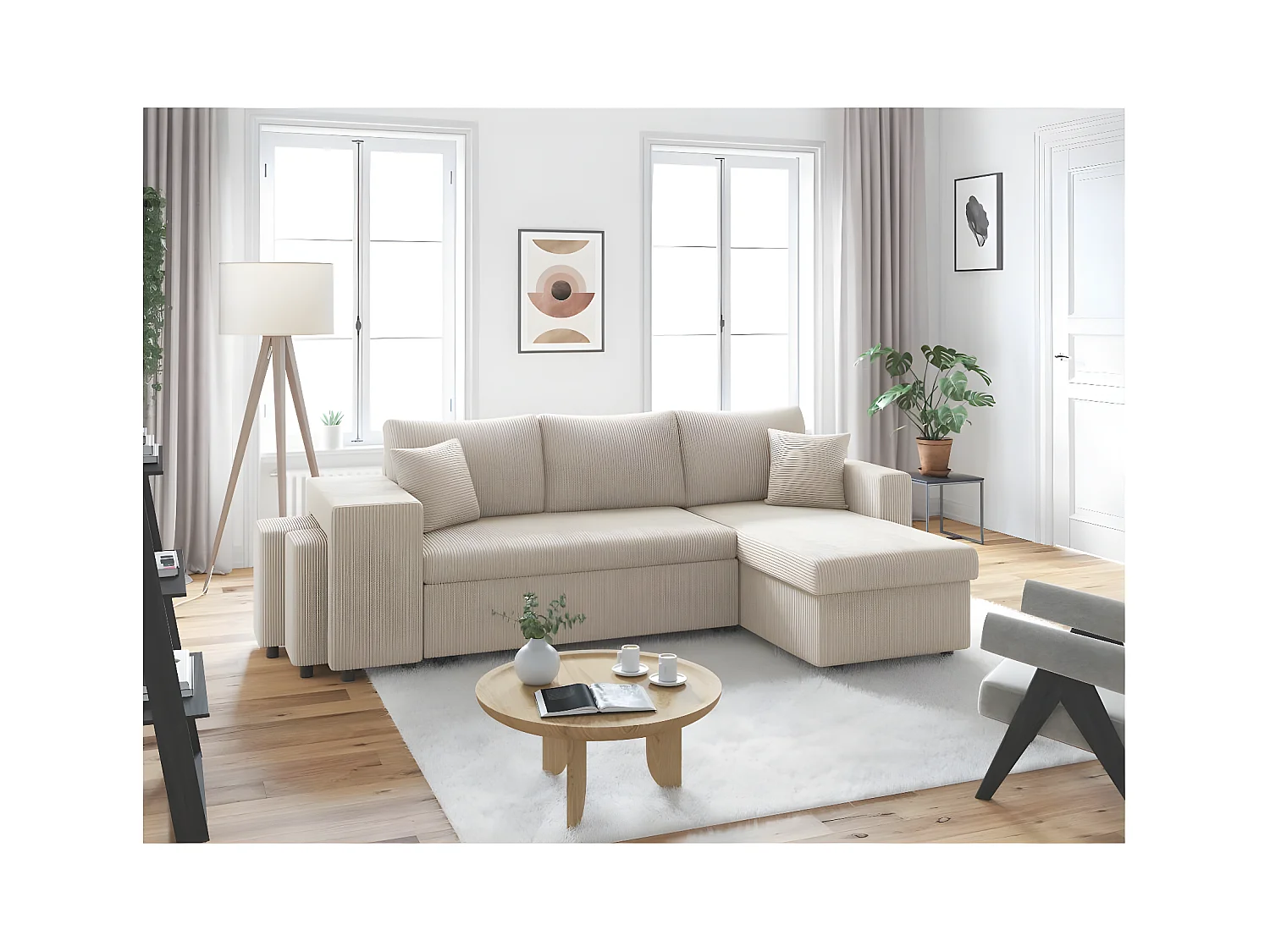 Canapé d'angle réversible convertible Oslo avec coffre, 2 poufs à gauche en velours côtelé beige - L241 x P146 x H81cm - Loungitude