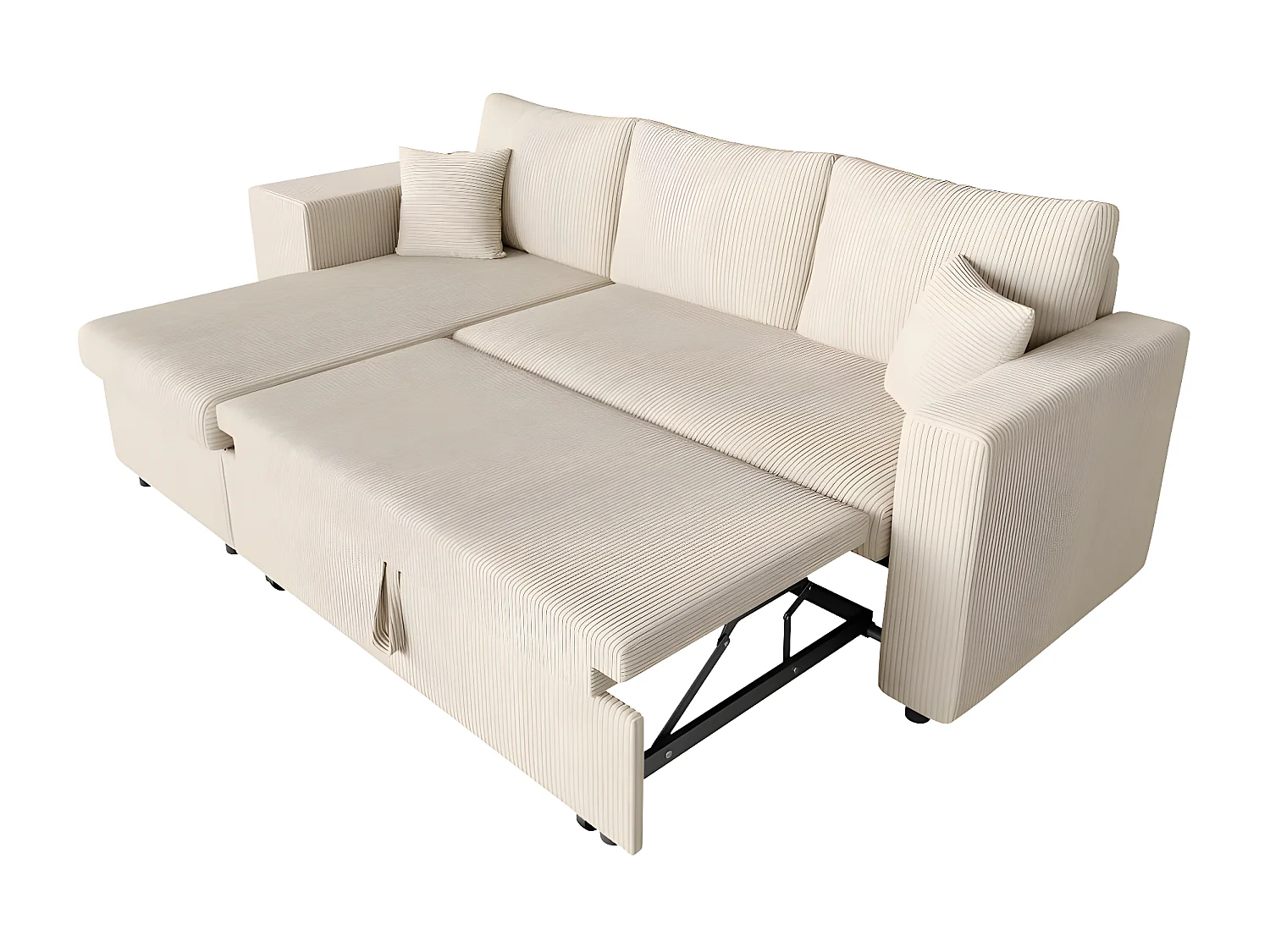 Canapé d'angle réversible convertible Oslo avec coffre, 2 poufs à gauche en velours côtelé beige - L241 x P146 x H81cm - Loungitude
