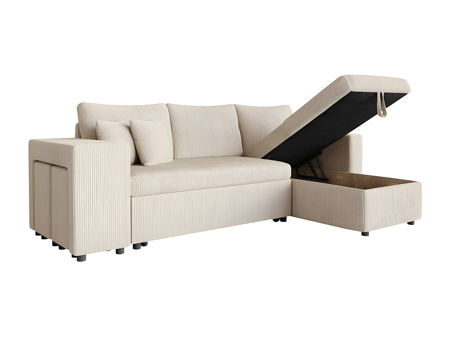 Canapé d'angle réversible convertible Oslo avec coffre, 2 poufs à gauche en velours côtelé beige - L241 x P146 x H81cm - Loungitude