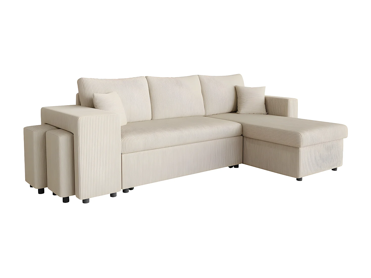 Canapé d'angle réversible convertible Oslo avec coffre, 2 poufs à gauche en velours côtelé beige - L241 x P146 x H81cm - Loungitude