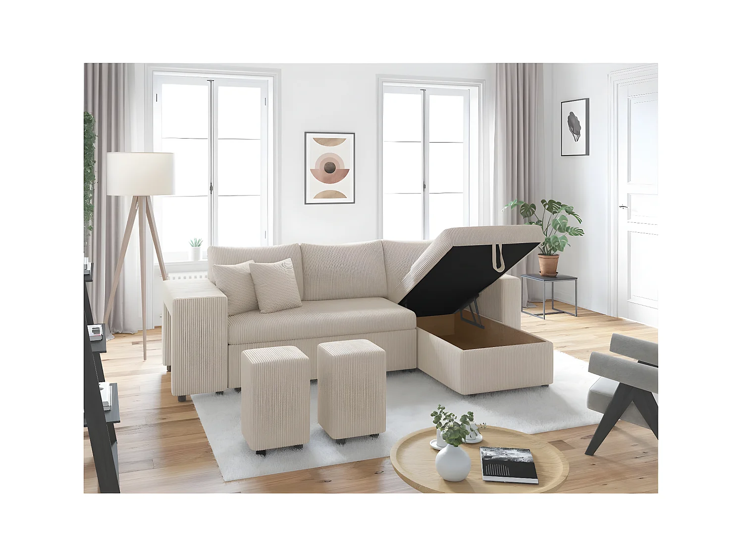 Canapé d'angle réversible convertible Oslo avec coffre, 2 poufs à gauche en velours côtelé beige - L241 x P146 x H81cm - Loungitude