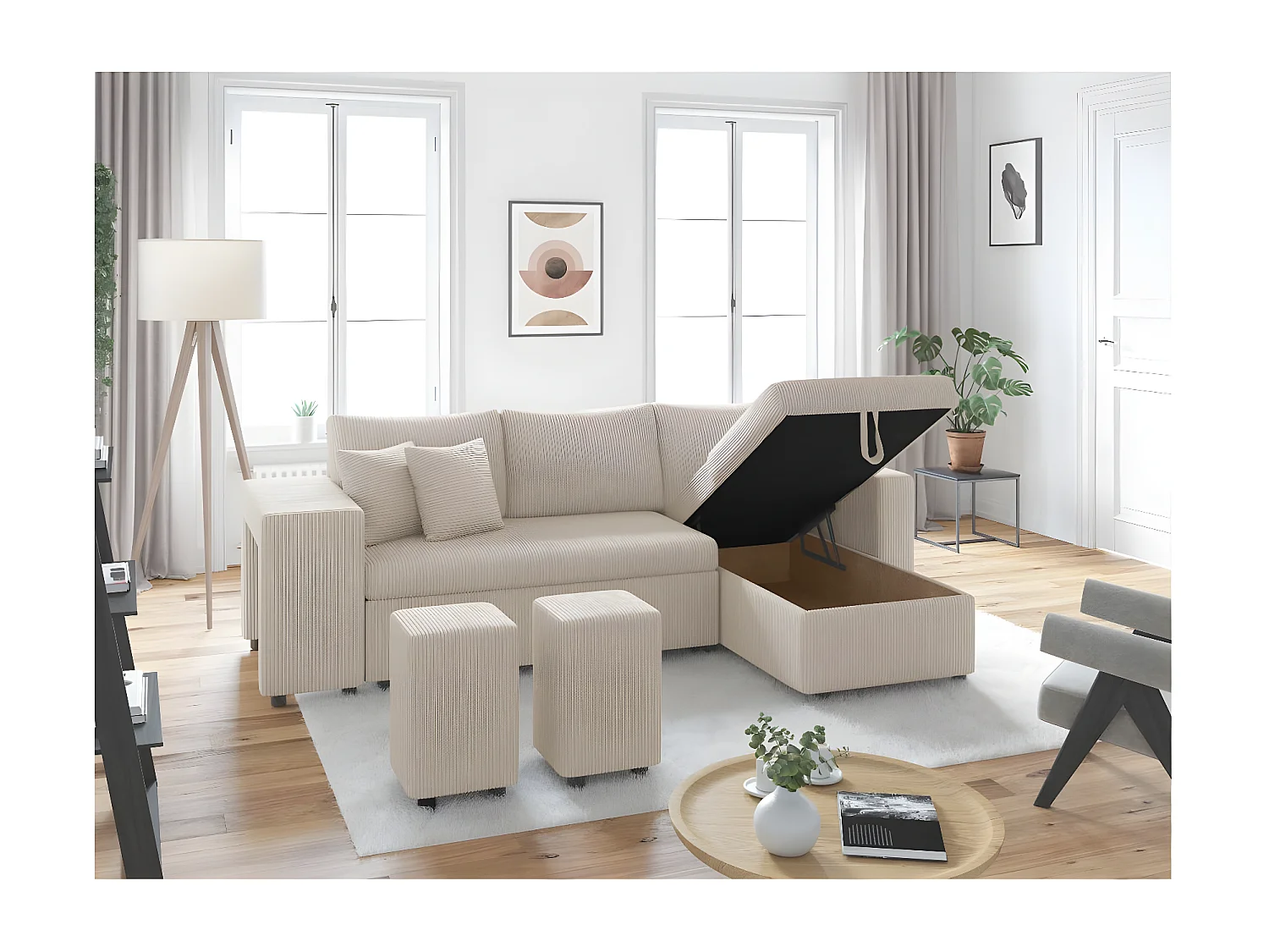 Canapé d'angle réversible convertible Oslo avec coffre, 2 poufs à gauche en velours côtelé beige - L241 x P146 x H81cm - Loungitude