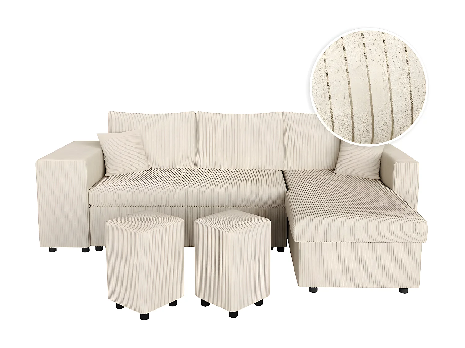 Canapé d'angle réversible convertible Oslo avec coffre, 2 poufs à gauche en velours côtelé beige - L241 x P146 x H81cm - Loungitude