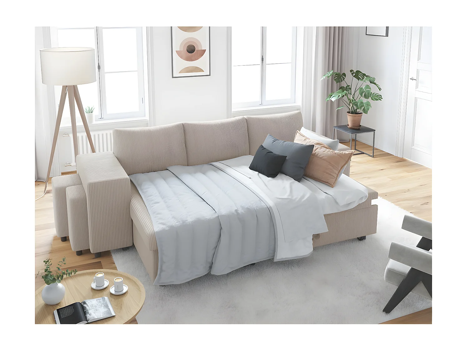 Canapé d'angle réversible convertible Oslo avec coffre, 2 poufs à gauche en velours côtelé beige - L241 x P146 x H81cm - Loungitude