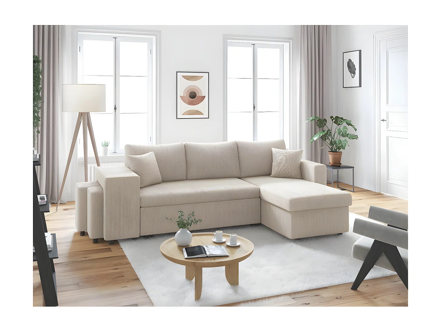 Canapé d'angle réversible convertible Oslo avec coffre, 2 poufs à gauche en velours côtelé beige - L241 x P146 x H81cm - Loungitude