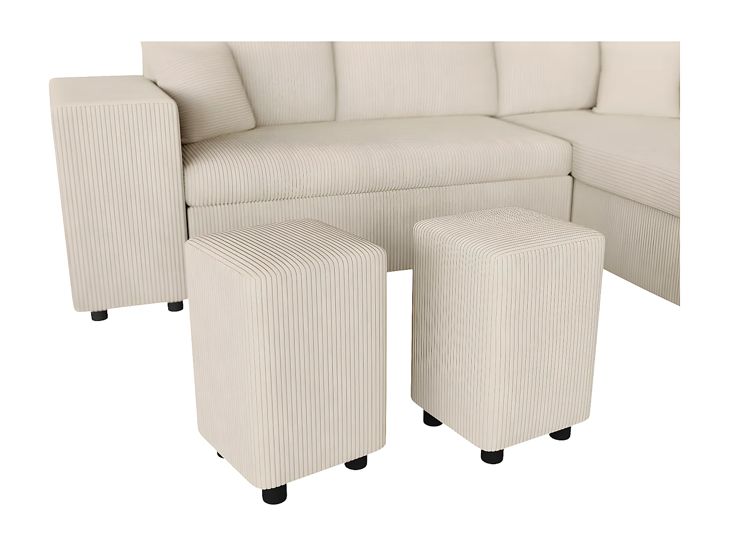 Canapé d'angle réversible convertible Oslo avec coffre, 2 poufs à gauche en velours côtelé beige - L241 x P146 x H81cm - Loungitude