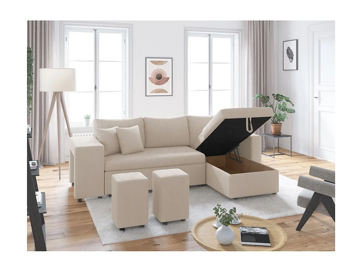 Canapé d'angle réversible convertible Oslo avec coffre, 2 poufs à gauche en velours côtelé beige - L241 x P146 x H81cm - Loungitude
