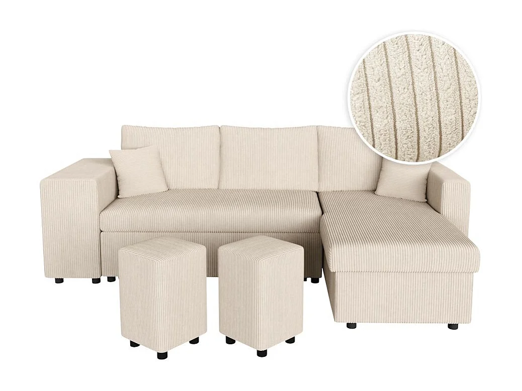 Canapé d'angle réversible convertible Oslo avec coffre, 2 poufs à gauche en velours côtelé beige - L241 x P146 x H81cm - Loungitude