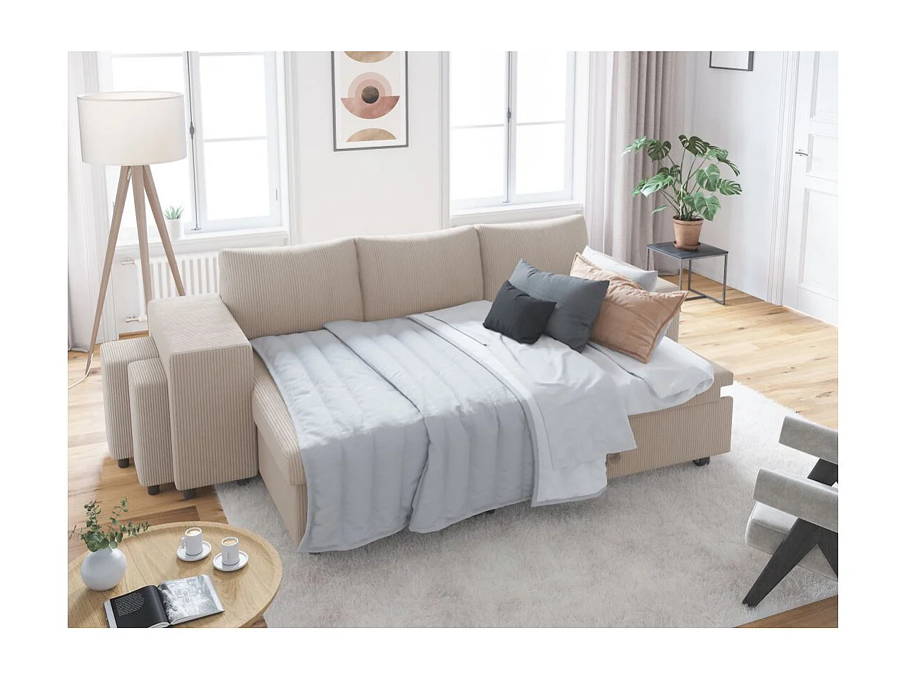 Canapé d'angle réversible convertible Oslo avec coffre, 2 poufs à gauche en velours côtelé beige - L241 x P146 x H81cm - Loungitude