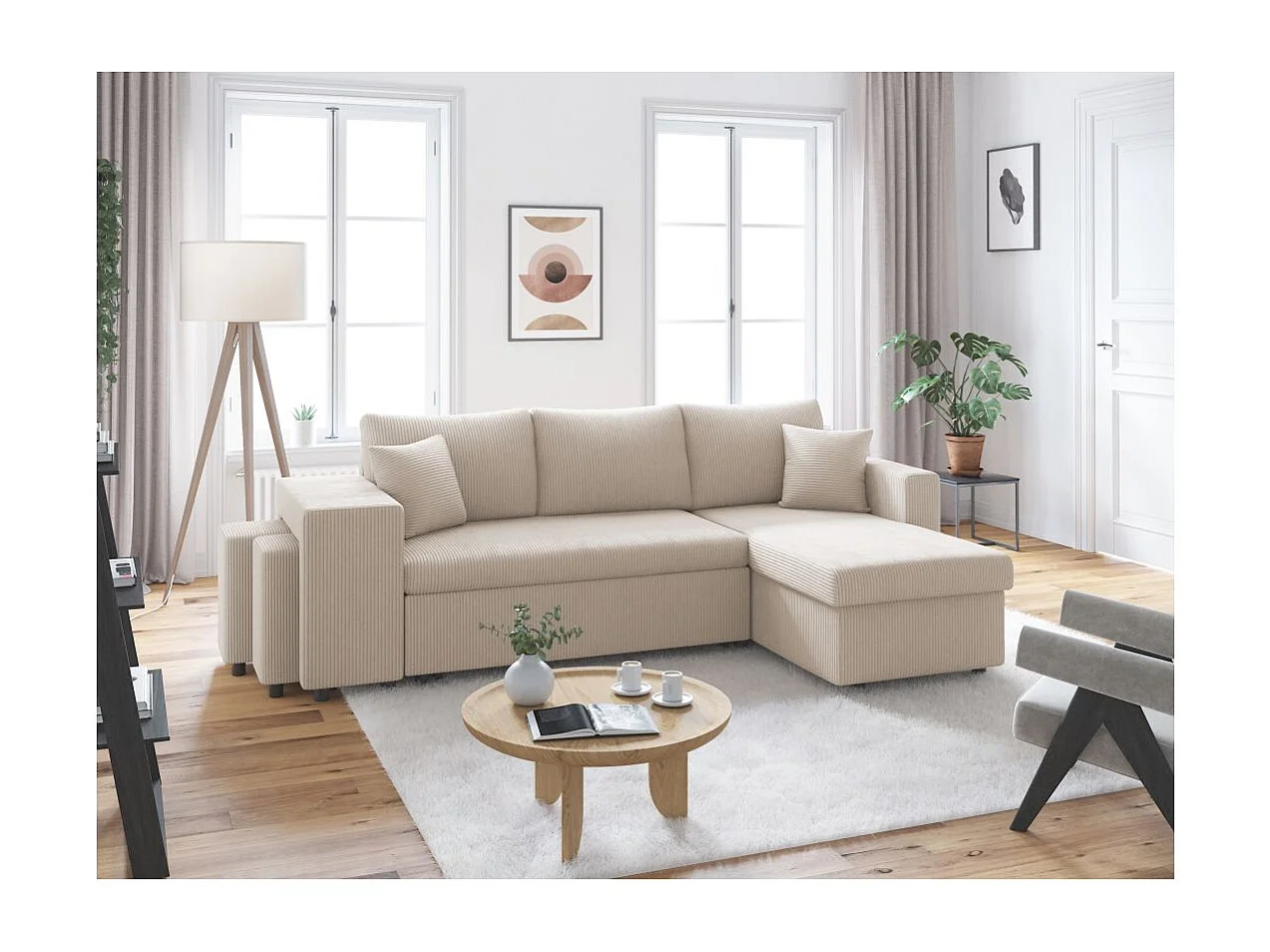 Canapé d'angle réversible convertible Oslo avec coffre, 2 poufs à gauche en velours côtelé beige - L241 x P146 x H81cm - Loungitude