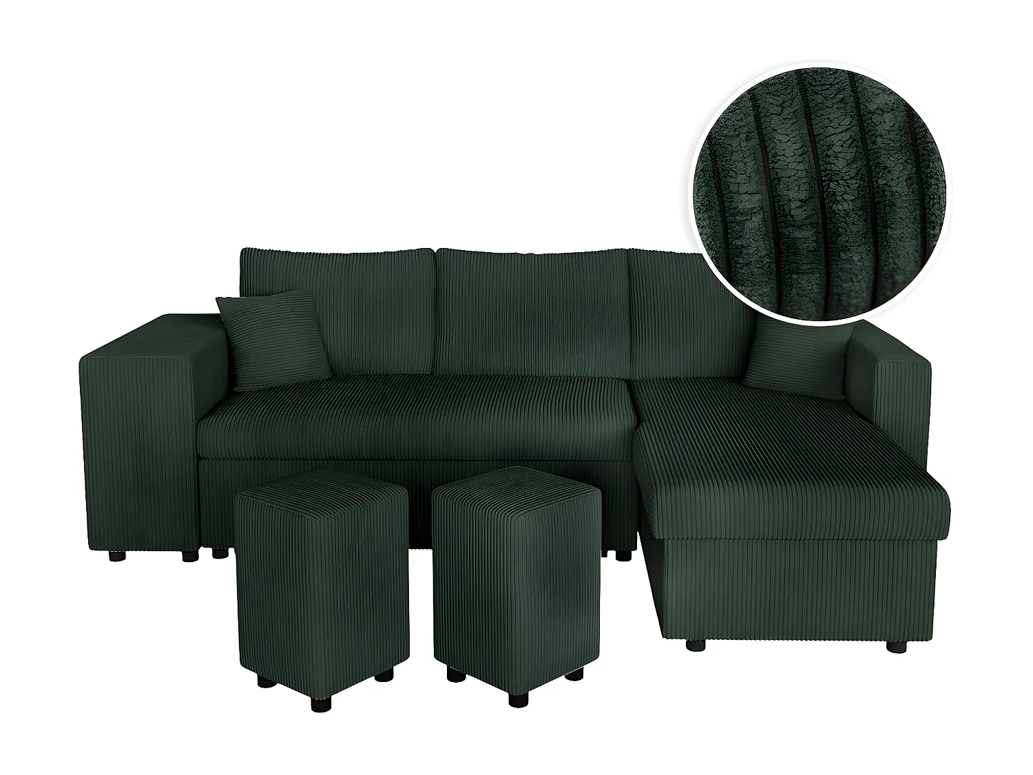 Canapé d'angle réversible convertible Oslo avec coffre, 2 poufs à gauche en velours côtelé vert - L241 x P146 x H81cm - Loungitude