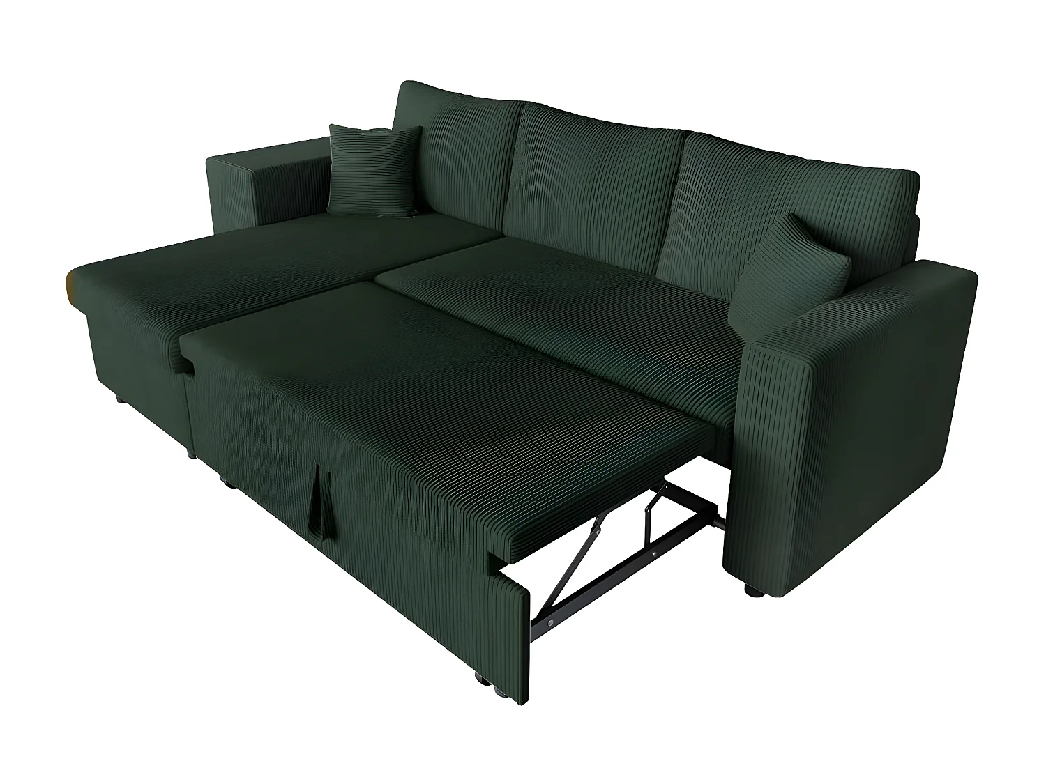 Canapé d'angle réversible convertible Oslo avec coffre, 2 poufs à gauche en velours côtelé vert - L241 x P146 x H81cm - Loungitude